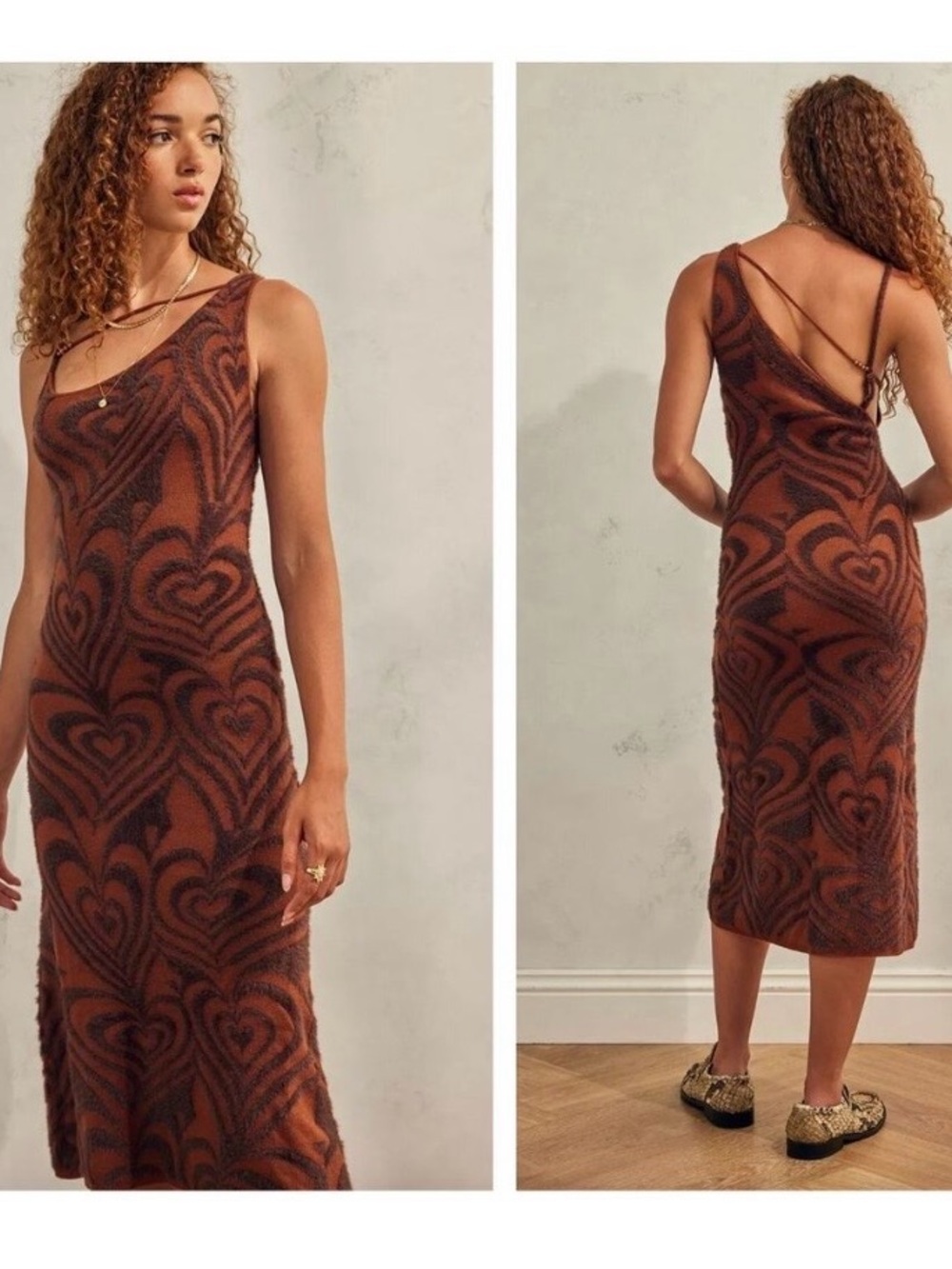 House of Sunny Shape of My Heart Hockney Brown knit One-Shoulder Midi Dress sz 2
